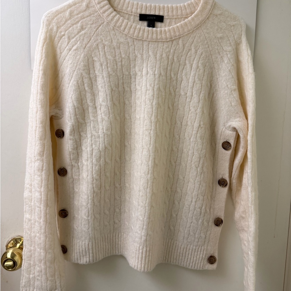J. Crew Cream Cable-Knit Sweater with Side Button Detail
